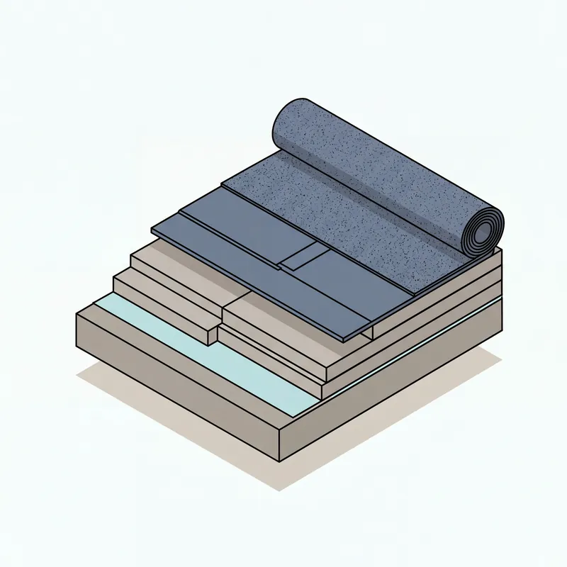 Cut-away of a modified bitumen membrane roof with a cap sheet unrolling